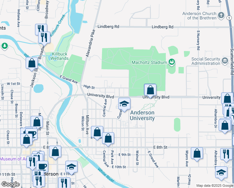 map of restaurants, bars, coffee shops, grocery stores, and more near Cottage Avenue in Anderson