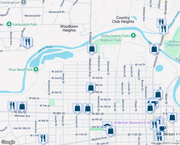 map of restaurants, bars, coffee shops, grocery stores, and more near 1000 West 3rd Street in Anderson