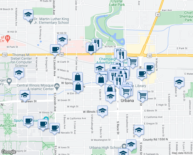map of restaurants, bars, coffee shops, grocery stores, and more near 407 West Main Street in Urbana
