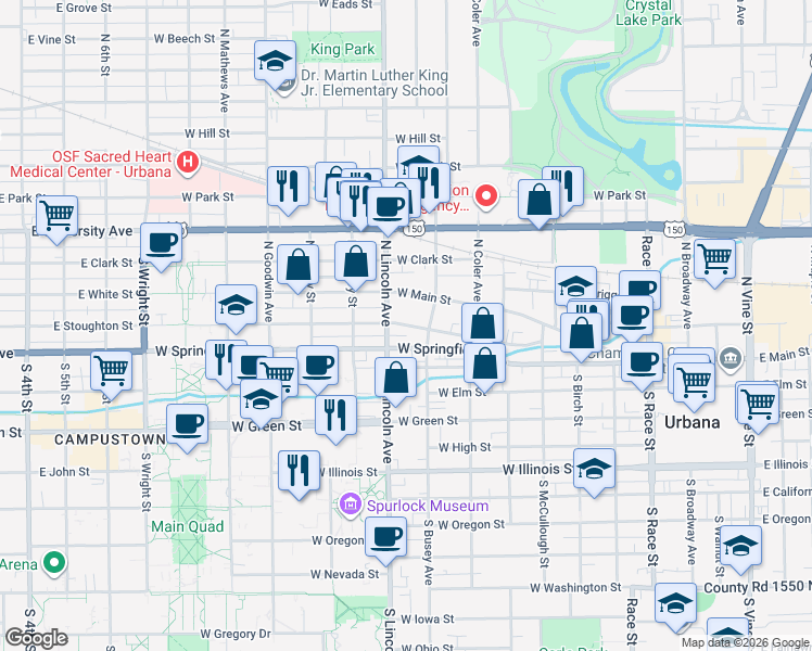 map of restaurants, bars, coffee shops, grocery stores, and more near 802 West Springfield Avenue in Urbana