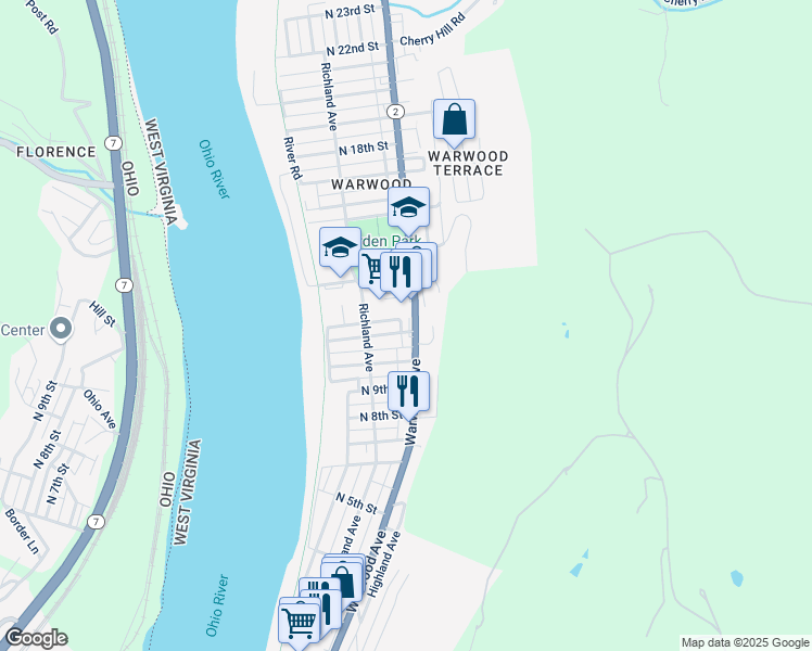 map of restaurants, bars, coffee shops, grocery stores, and more near 1101 Warwood Ave in Wheeling