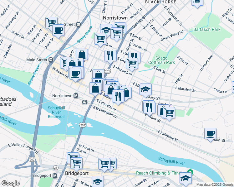 map of restaurants, bars, coffee shops, grocery stores, and more near 250 East Penn Street in Norristown