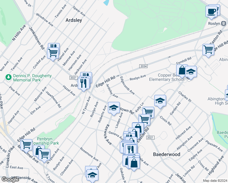 map of restaurants, bars, coffee shops, grocery stores, and more near 604 Roberts Avenue in Glenside