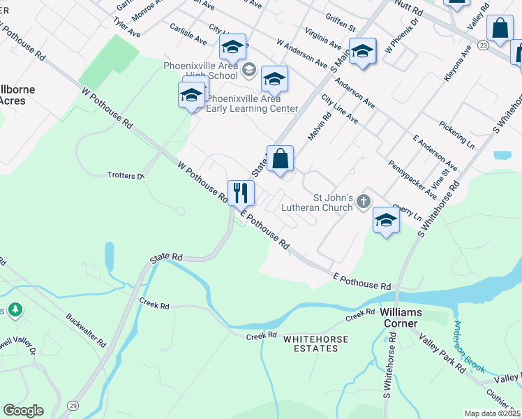 map of restaurants, bars, coffee shops, grocery stores, and more near 24 Terrace Drive in Phoenixville