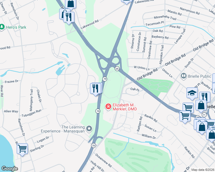 map of restaurants, bars, coffee shops, grocery stores, and more near 1022 Oval Road in Manasquan