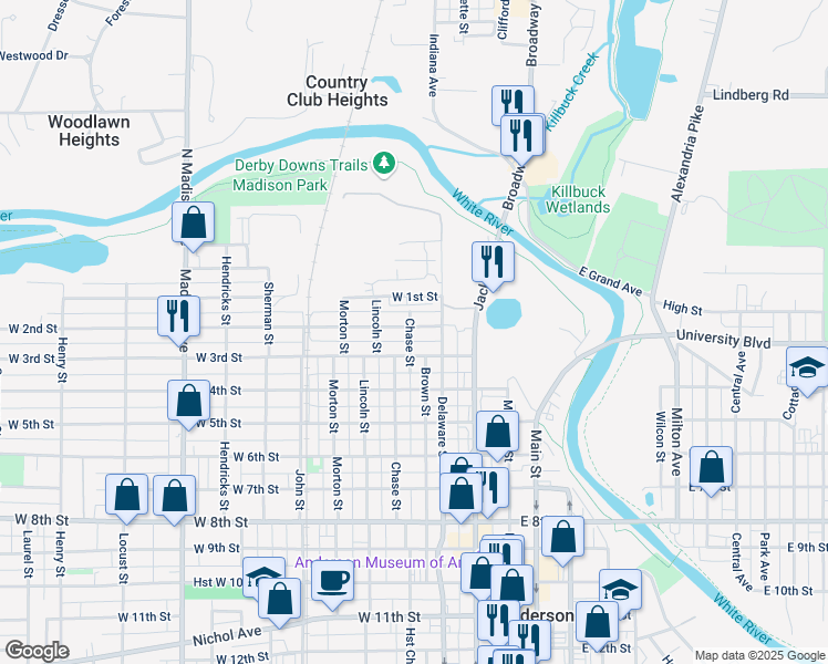 map of restaurants, bars, coffee shops, grocery stores, and more near 226 West 3rd Street in Anderson