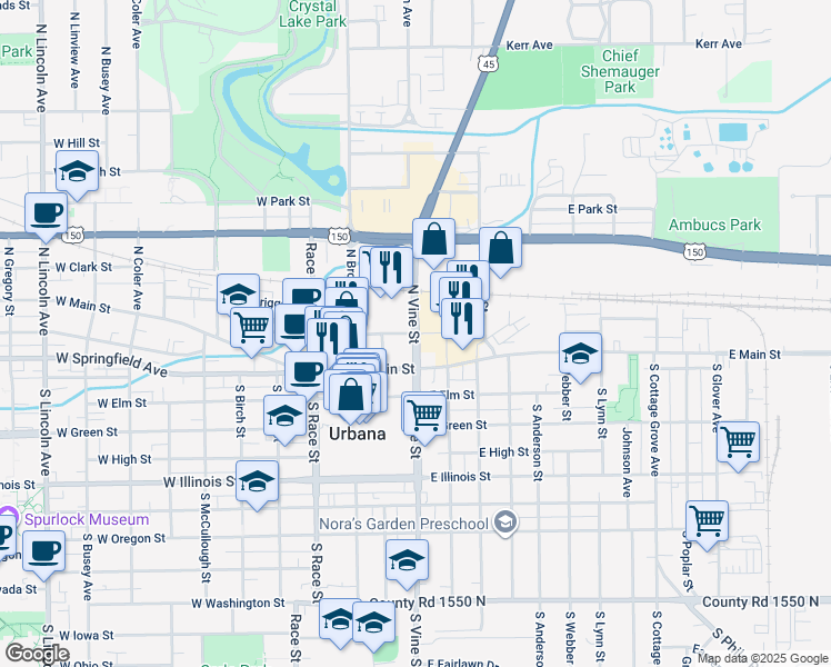map of restaurants, bars, coffee shops, grocery stores, and more near 201 North Vine Street in Urbana