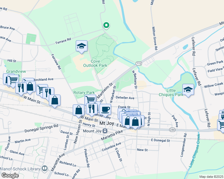 map of restaurants, bars, coffee shops, grocery stores, and more near 176 North Market Street in Mount Joy