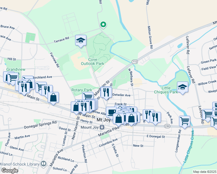 map of restaurants, bars, coffee shops, grocery stores, and more near 176 North Market Street in Mount Joy
