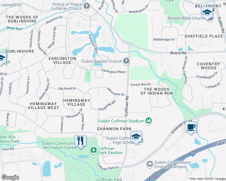 map of restaurants, bars, coffee shops, grocery stores, and more near 5356 Adventure Drive in Dublin