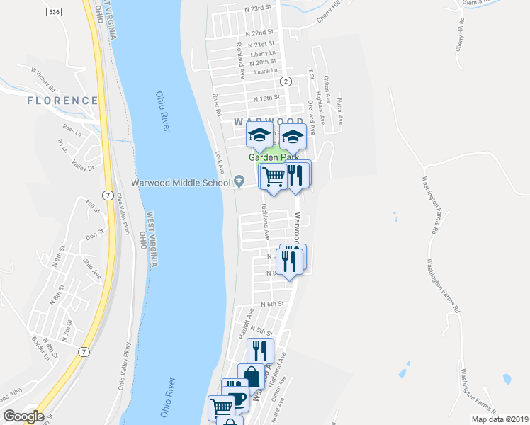 map of restaurants, bars, coffee shops, grocery stores, and more near 1146 Richland Avenue in Wheeling