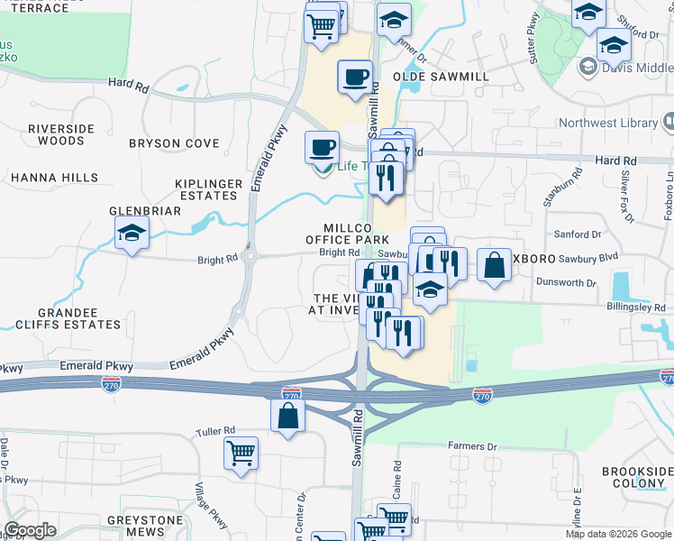 map of restaurants, bars, coffee shops, grocery stores, and more near 3899 Inverness Circle in Dublin