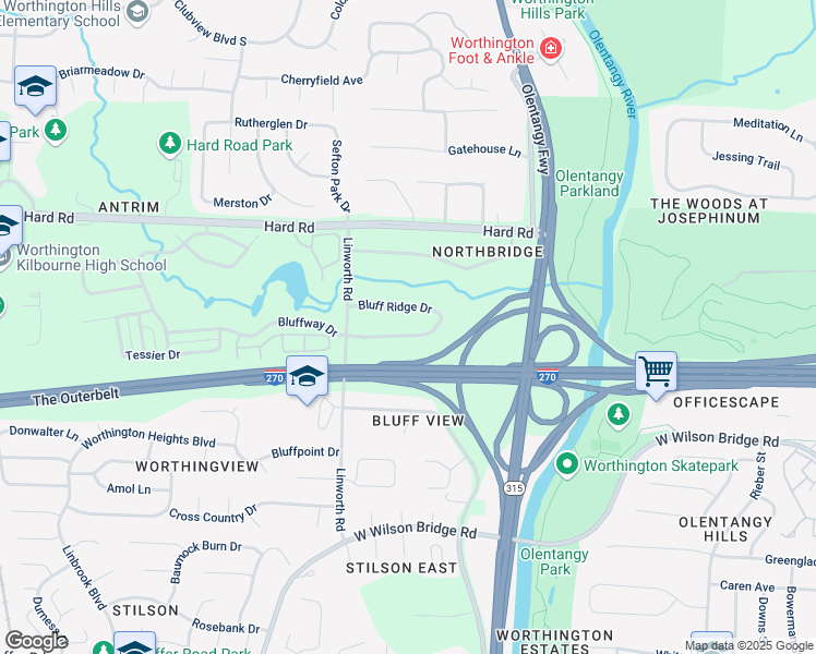map of restaurants, bars, coffee shops, grocery stores, and more near 890 Bluffway Drive in Columbus
