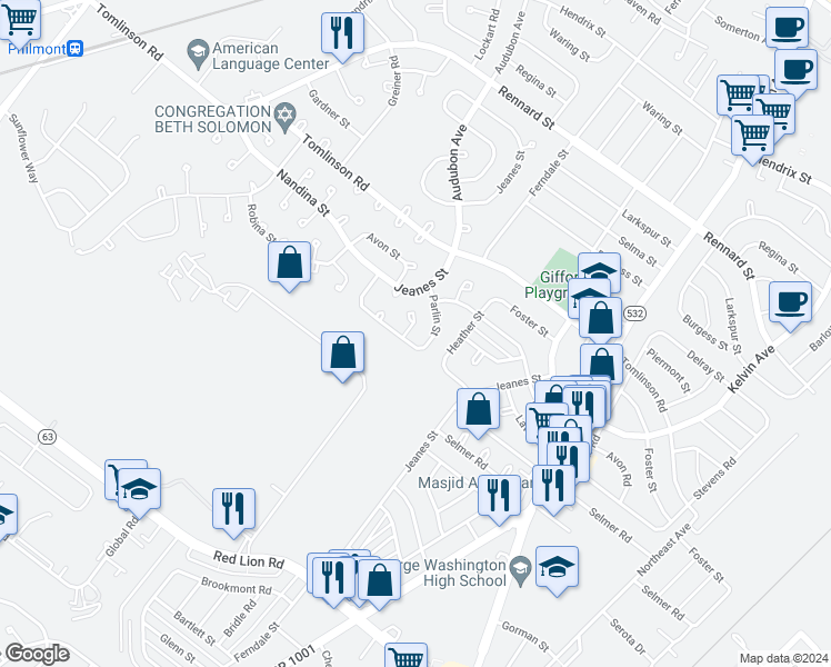 map of restaurants, bars, coffee shops, grocery stores, and more near 10865 Parlin Terrace in Philadelphia