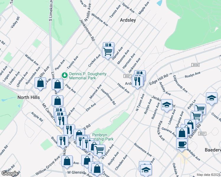 map of restaurants, bars, coffee shops, grocery stores, and more near 2708 Magnolia Avenue in Glenside