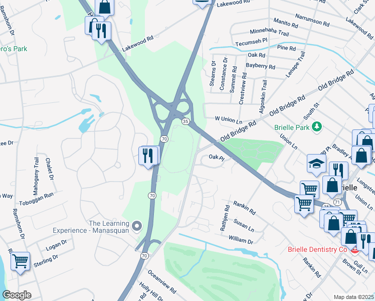 map of restaurants, bars, coffee shops, grocery stores, and more near 432 Oval Road in Manasquan