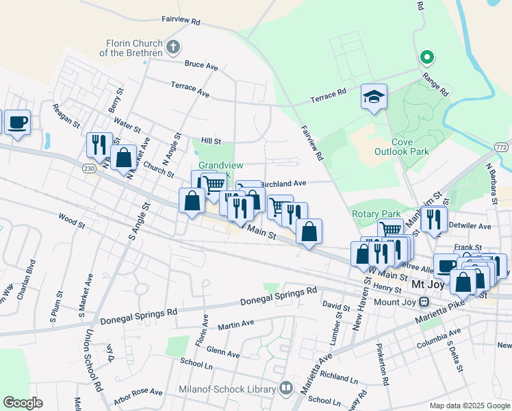 map of restaurants, bars, coffee shops, grocery stores, and more near 346 Cedar Lane in Mount Joy