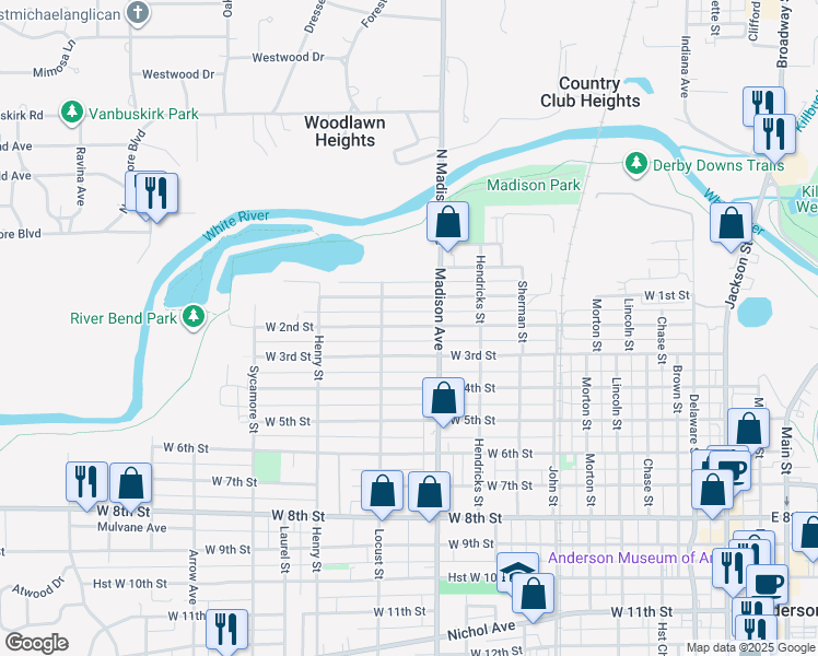 map of restaurants, bars, coffee shops, grocery stores, and more near 1110 West 3rd Street in Anderson