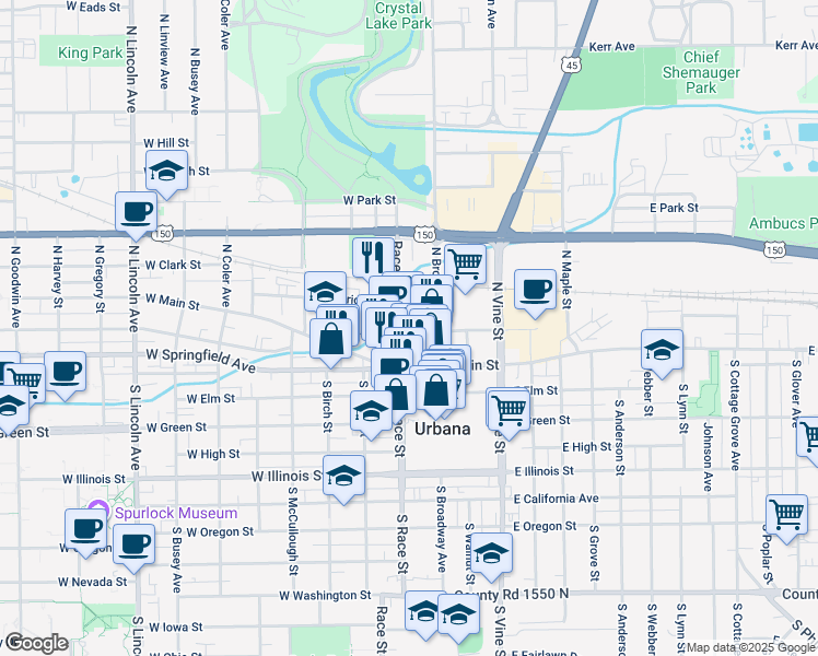 map of restaurants, bars, coffee shops, grocery stores, and more near 113 North Race Street in Urbana