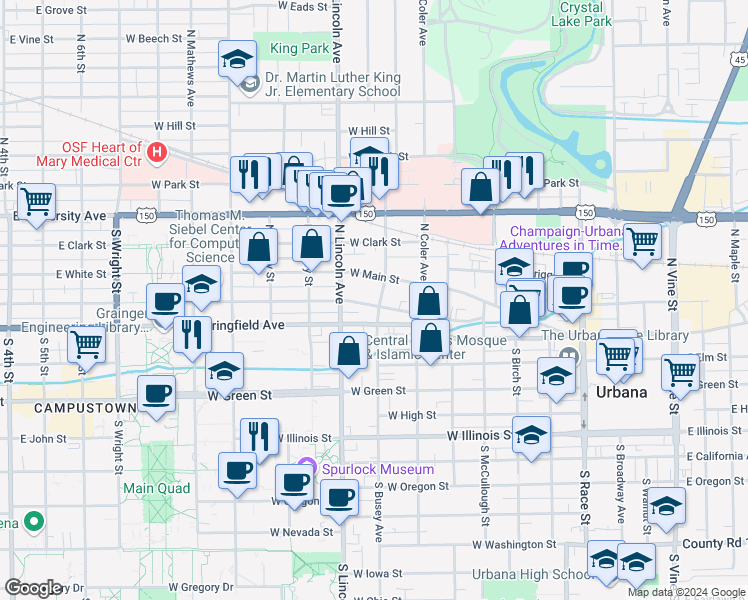 map of restaurants, bars, coffee shops, grocery stores, and more near 802 West Springfield Avenue in Urbana