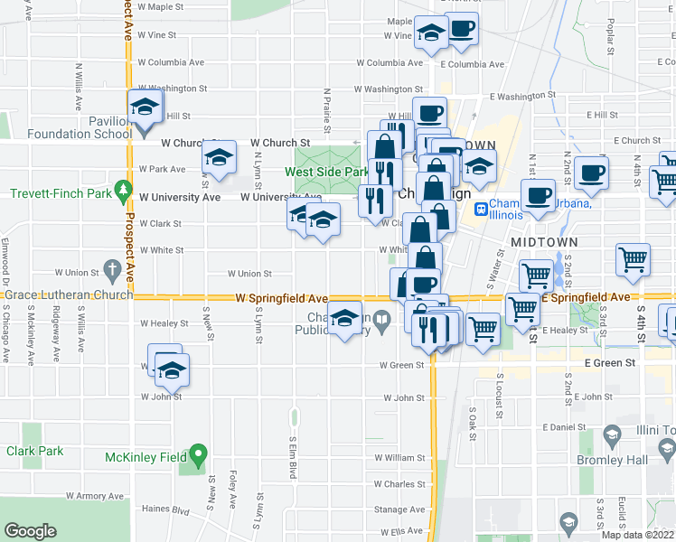 map of restaurants, bars, coffee shops, grocery stores, and more near 310 West Springfield Avenue in Champaign