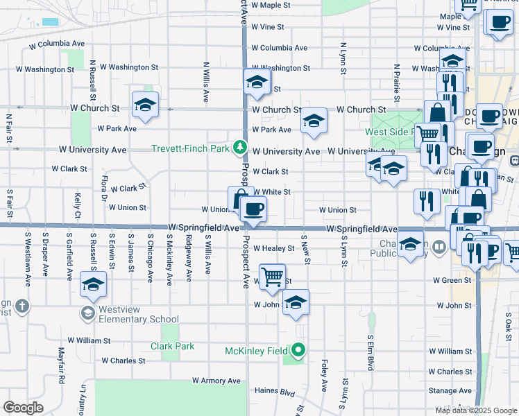 map of restaurants, bars, coffee shops, grocery stores, and more near 811 West Springfield Avenue in Champaign