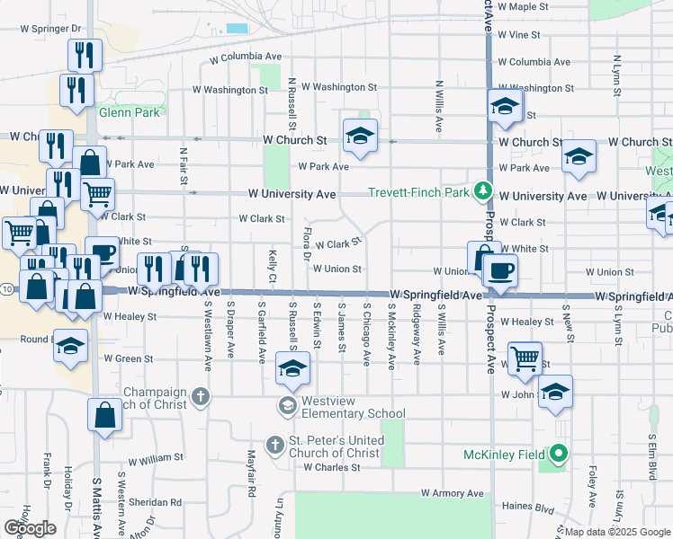 map of restaurants, bars, coffee shops, grocery stores, and more near 1114 West Springfield Avenue in Champaign