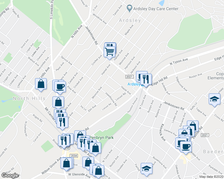 map of restaurants, bars, coffee shops, grocery stores, and more near 2708 Magnolia Avenue in Glenside