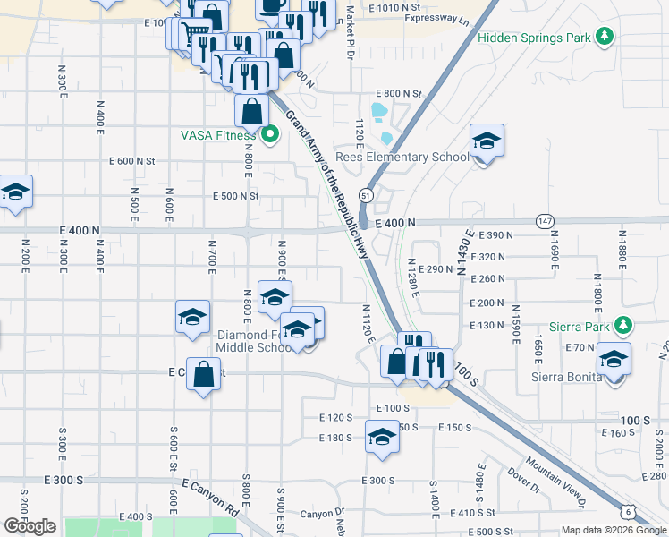 map of restaurants, bars, coffee shops, grocery stores, and more near 299 North 1070 East in Spanish Fork