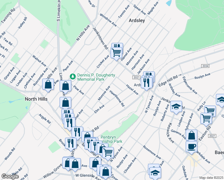 map of restaurants, bars, coffee shops, grocery stores, and more near 2712 Hawthorne Road in Glenside