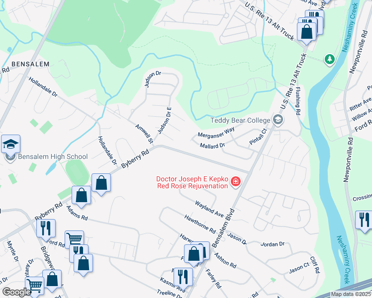 map of restaurants, bars, coffee shops, grocery stores, and more near 1233 Byberry Road in Bensalem