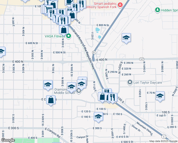map of restaurants, bars, coffee shops, grocery stores, and more near 306 North 1070 East in Spanish Fork