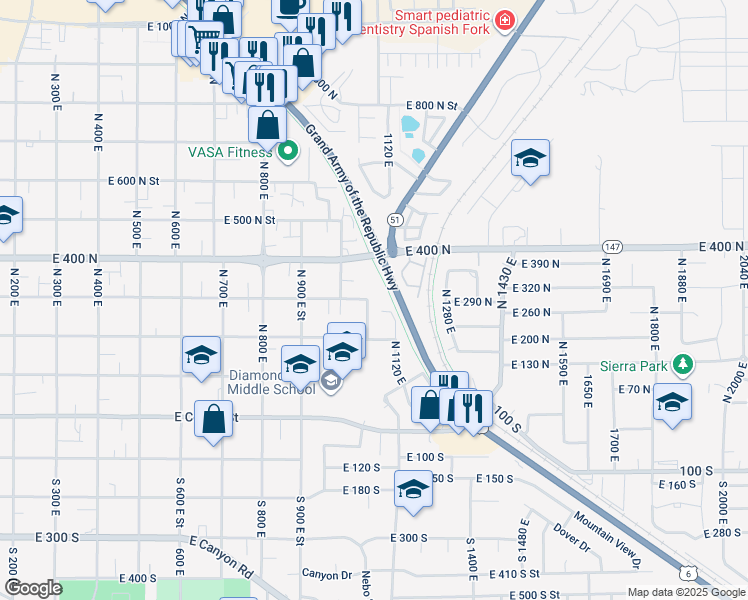 map of restaurants, bars, coffee shops, grocery stores, and more near 306 North 1070 East in Spanish Fork