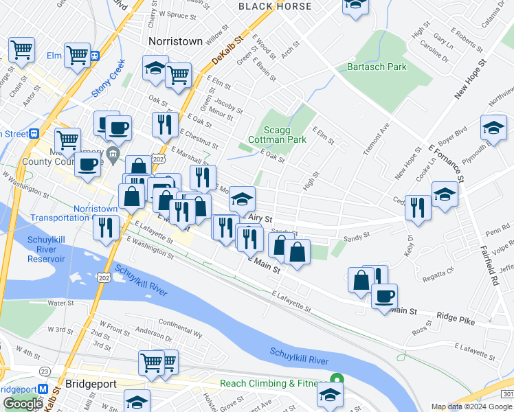 map of restaurants, bars, coffee shops, grocery stores, and more near 428 East Moore Street in Norristown