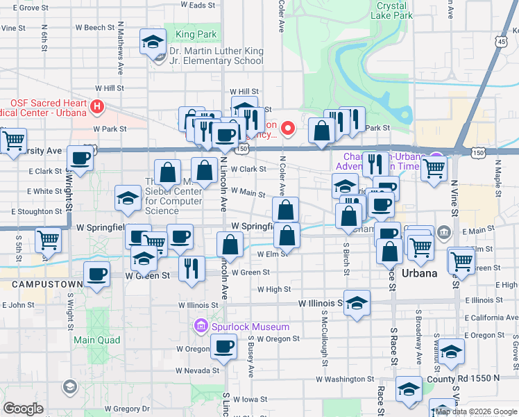 map of restaurants, bars, coffee shops, grocery stores, and more near 711 West Main Street in Urbana