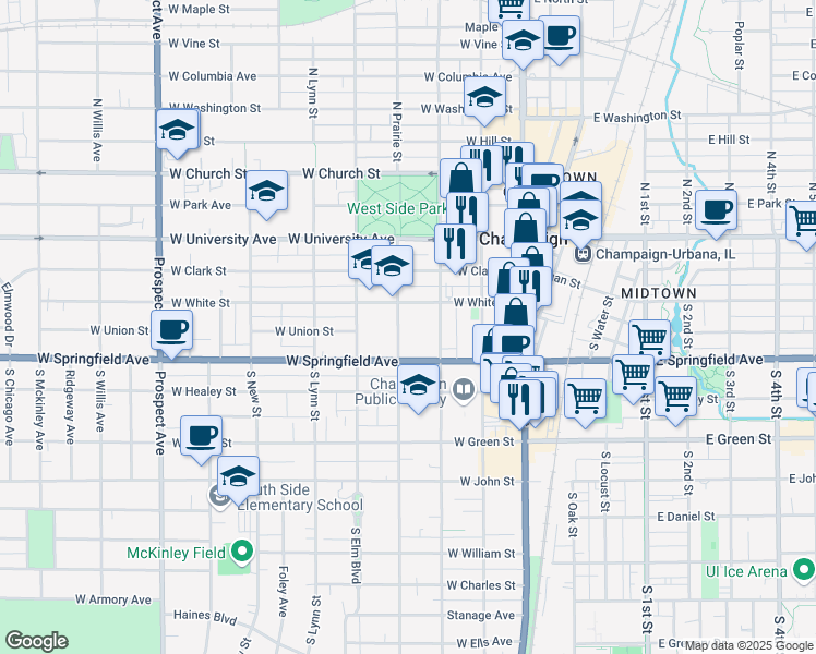 map of restaurants, bars, coffee shops, grocery stores, and more near 310 South Prairie Street in Champaign