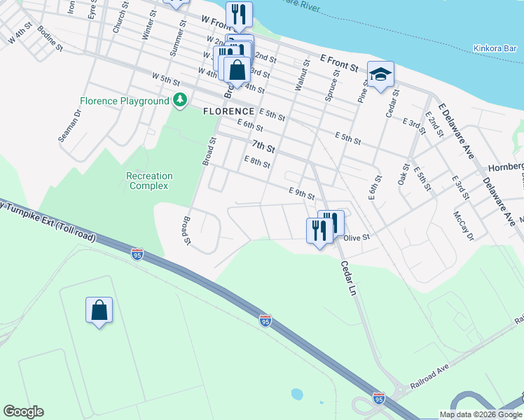 map of restaurants, bars, coffee shops, grocery stores, and more near 16 Florence Tollgate in Florence Township