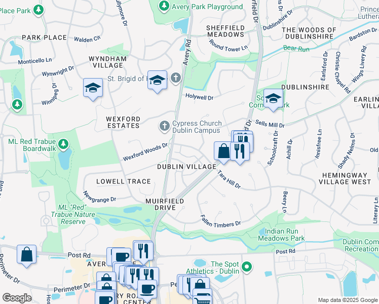 map of restaurants, bars, coffee shops, grocery stores, and more near 6315 Tara Hill Drive in Dublin