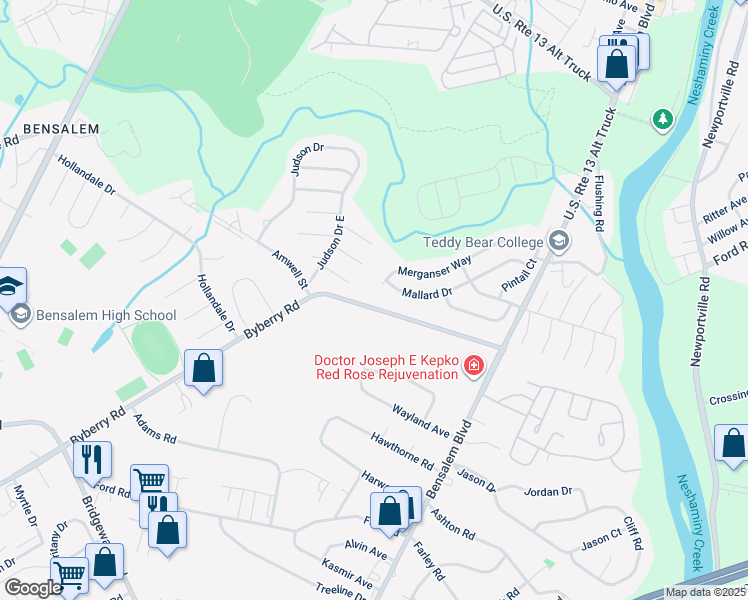 map of restaurants, bars, coffee shops, grocery stores, and more near 1233 Byberry Road in Bensalem