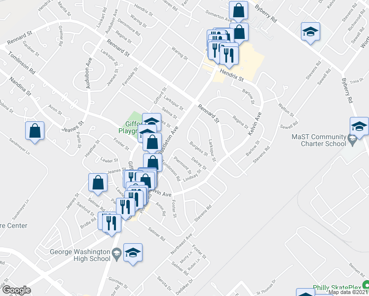 map of restaurants, bars, coffee shops, grocery stores, and more near 807 Delray Street in Philadelphia