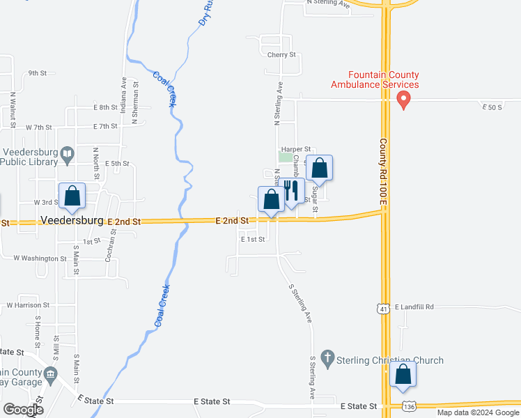 map of restaurants, bars, coffee shops, grocery stores, and more near 209 Liberty Street in Veedersburg