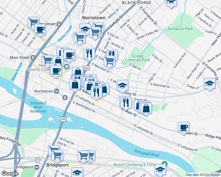 map of restaurants, bars, coffee shops, grocery stores, and more near 335 East Penn Street in Norristown
