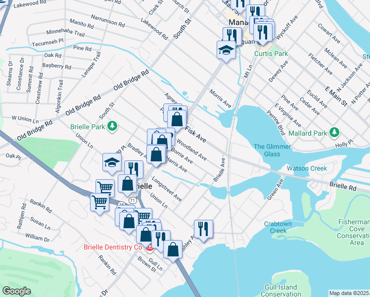 map of restaurants, bars, coffee shops, grocery stores, and more near 533 Borrie Avenue in Brielle