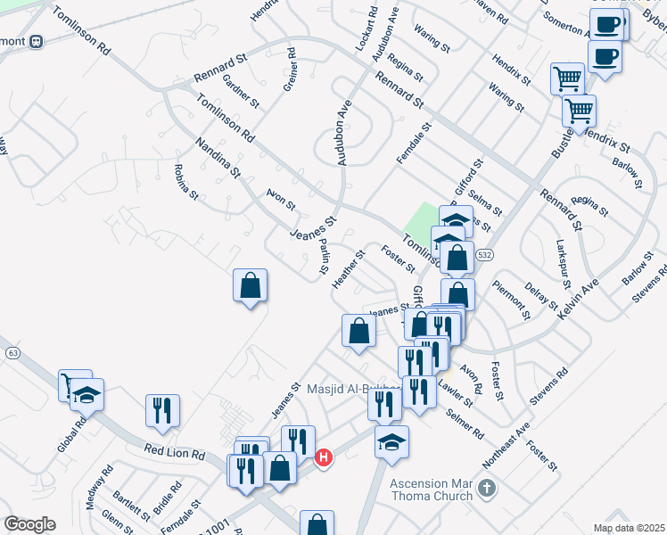 map of restaurants, bars, coffee shops, grocery stores, and more near 468 Parlin Street in Philadelphia