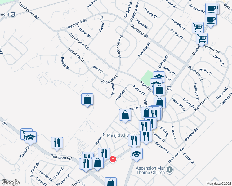 map of restaurants, bars, coffee shops, grocery stores, and more near 468 Parlin Street in Philadelphia