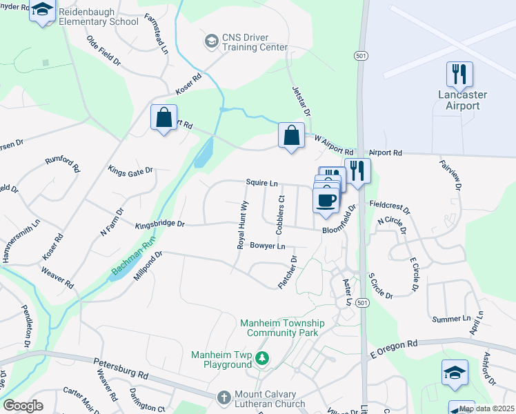 map of restaurants, bars, coffee shops, grocery stores, and more near 324 Royal Hunt Way in Lititz