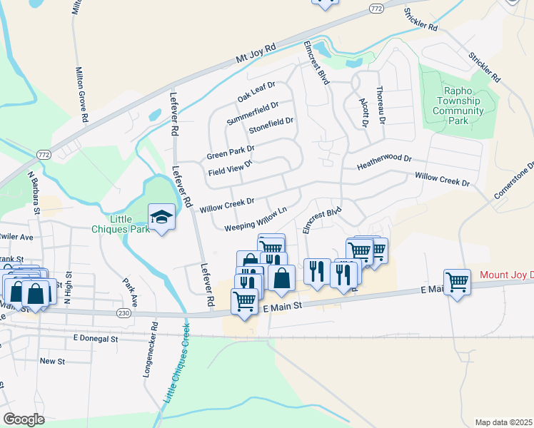 map of restaurants, bars, coffee shops, grocery stores, and more near 2133 Weeping Willow Lane in Mount Joy