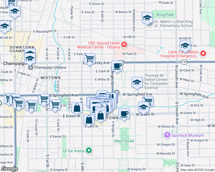 map of restaurants, bars, coffee shops, grocery stores, and more near 606 East Stoughton Street in Champaign