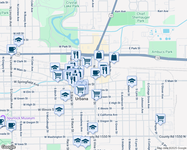 map of restaurants, bars, coffee shops, grocery stores, and more near 201 North Vine Street in Urbana