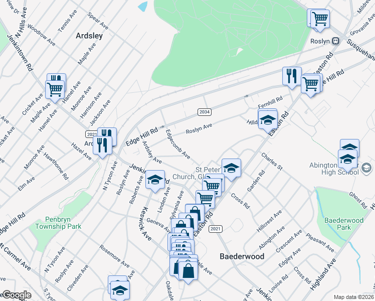 map of restaurants, bars, coffee shops, grocery stores, and more near 659 Roberts Avenue in Glenside